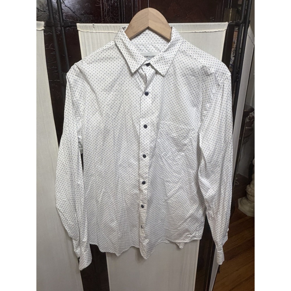 Twillory Untuckable Men's Large Tailored Fit White Blue Print Button Down Shirt